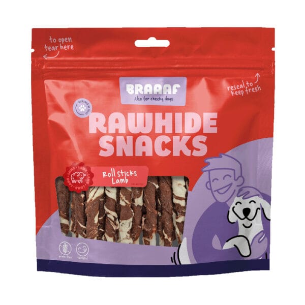 Braaaf snacky - 15 % sleva -žvýkací tyčinky pro psy s jehněčím a treskou (25 ks )