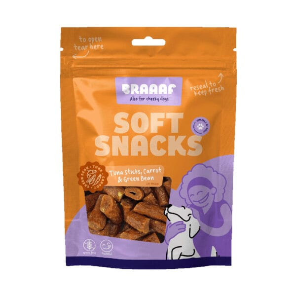 Braaaf snacky - 15 % sleva -  tuňákové tyčinky s mrkví a zelenými fazolkami (85 g)